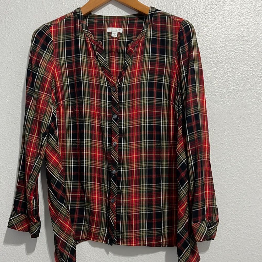 J.Jill Blouse Small Petite V Neck Button Front Plaid